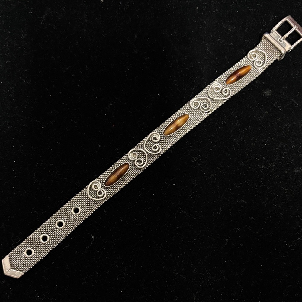 Silver-tone Mesh w/ Tiger Eye Buckle Bracelet